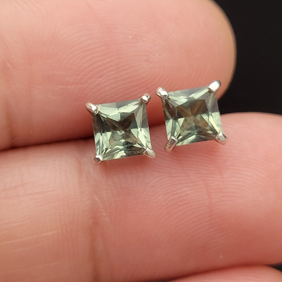 Unsigned Jewelry - Silver Tone Princess-Cut Green Stud Earrings